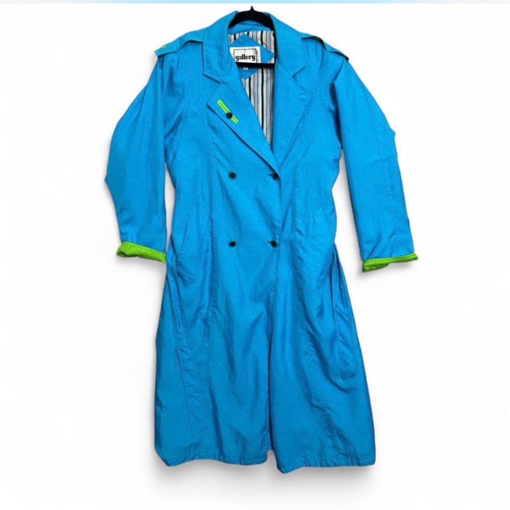 VTG 90s Gallery Turquoise & Lime Green Dopamine Trench Coat‎ Pad Shoulders Sz 12